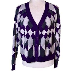 Women Purple Classic Preppy Argyle Cardigan Sweater Geek Chic Collegiate Sz XL